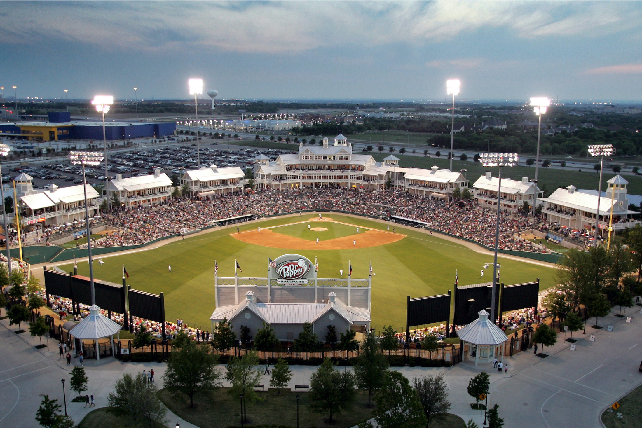 Aerial photo of Dr Pepper Ballpark from the outfield