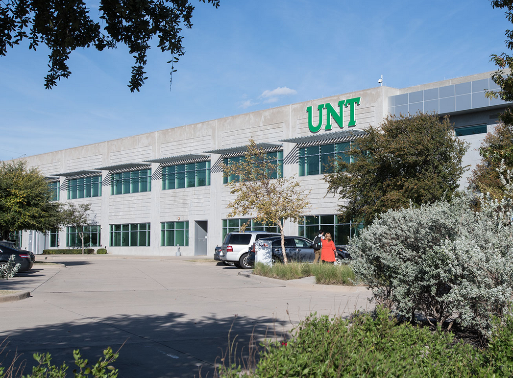 UNT Inspire Park Building in Frisco. This is a two-story building with the UNT logo at the top.
