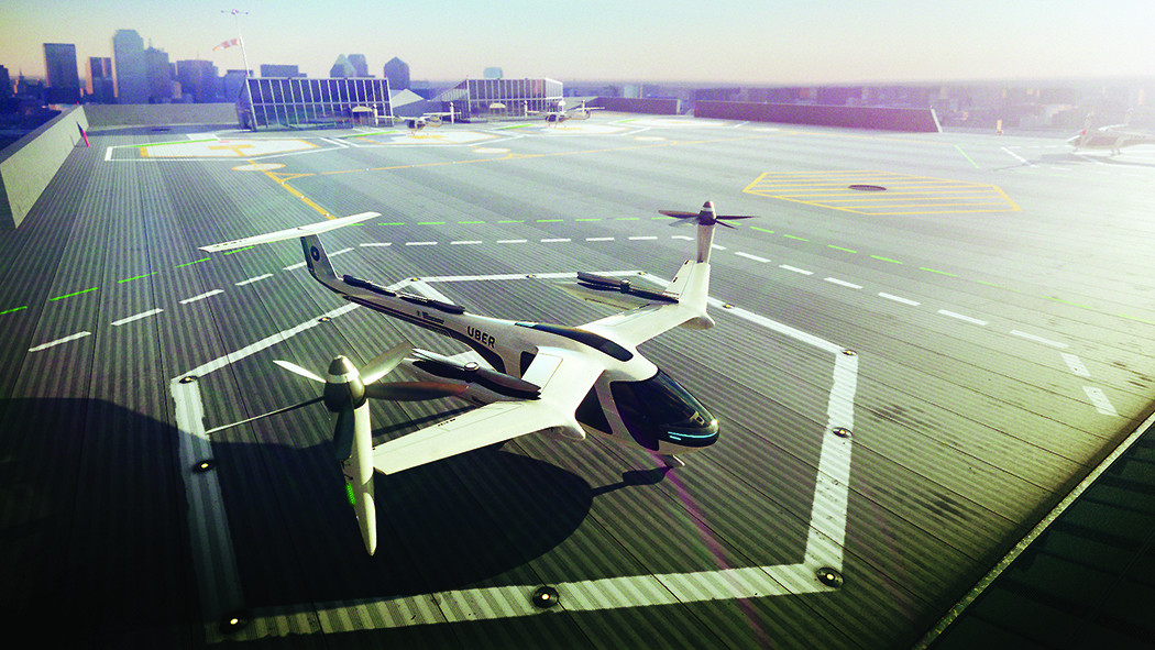 Rendering of Uber Elevate with a launch pad and helicopter.