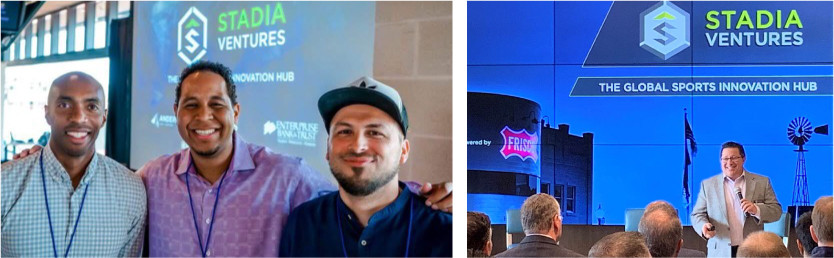 Three men pose for a photo at a Stadia Ventures Conference. One man speaks on stage at the conference.