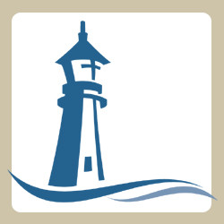 A logo with a lighthouse.