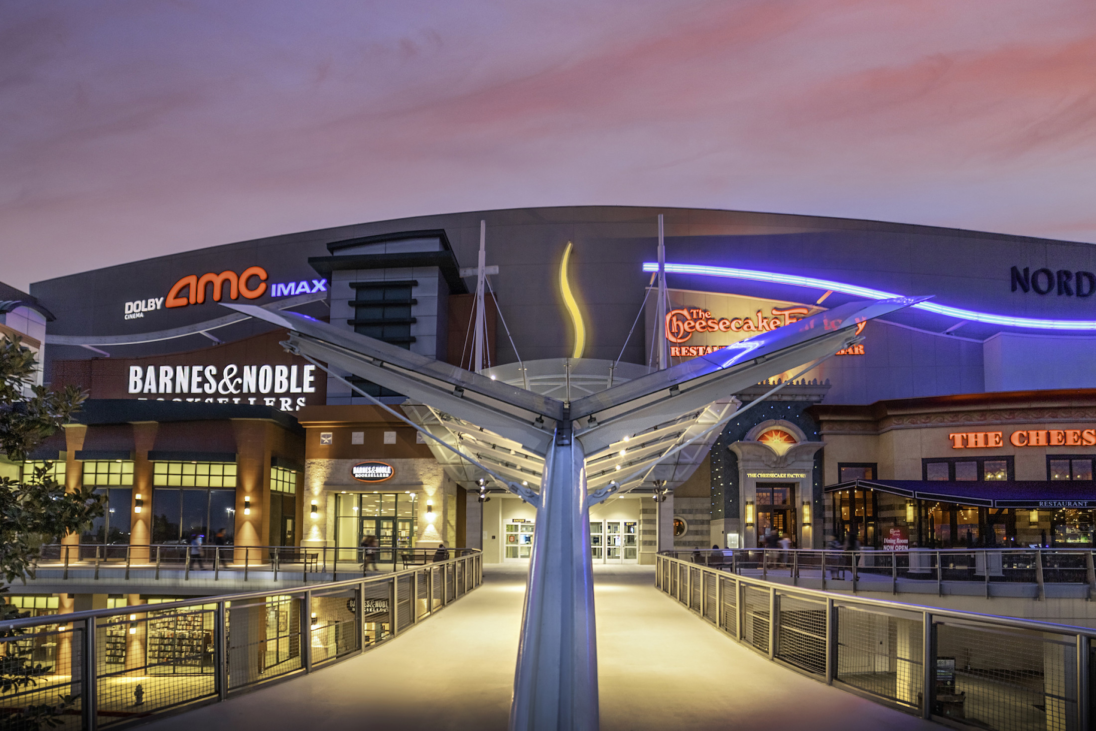 The front of Stonebriar Mall including Barnes & Noble, The Cheesecake Factor and Nordstrom.