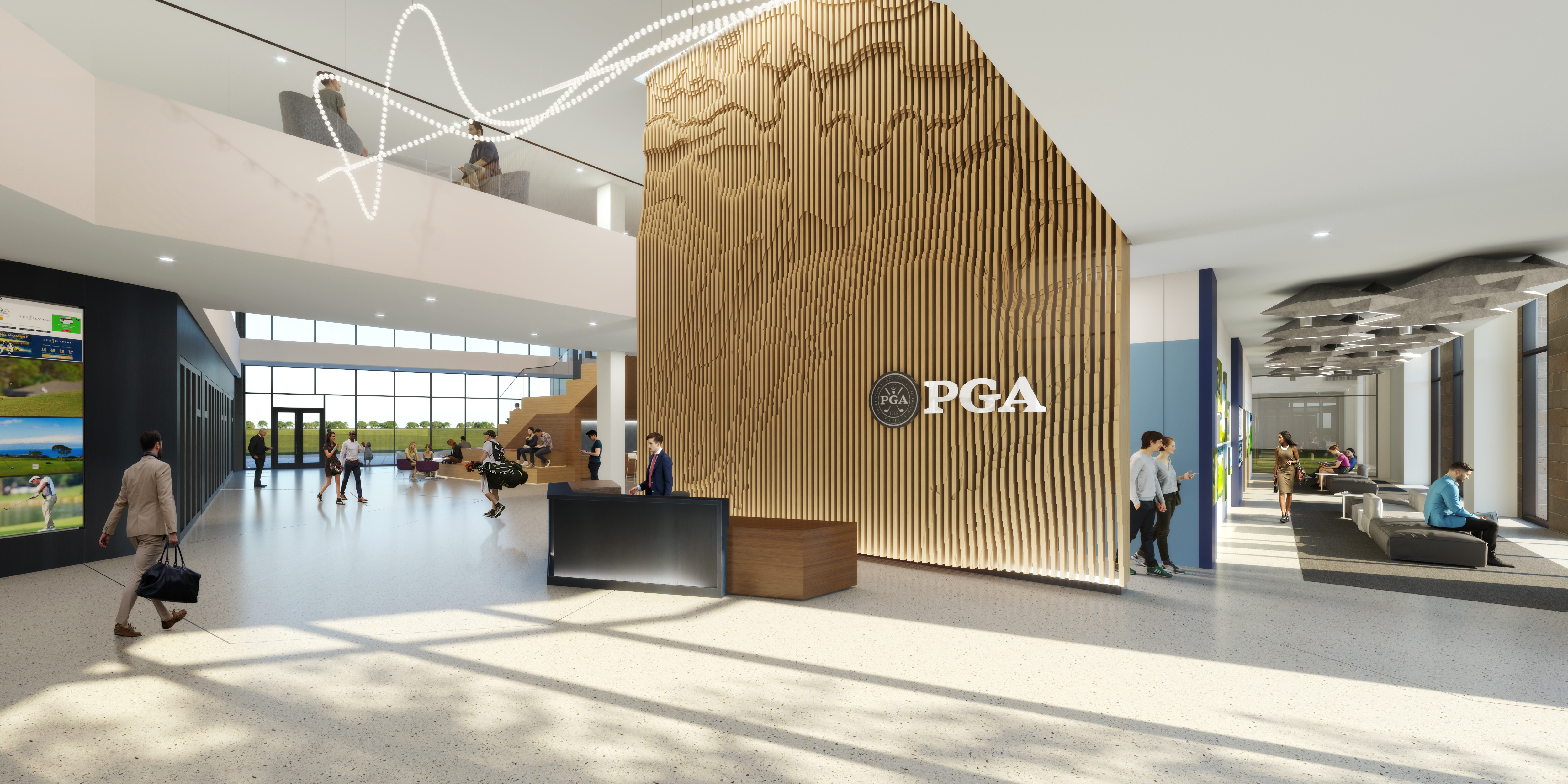 Indoor rendering of the new PGA of America headquarters lobby.